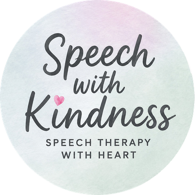 The Speech with Kindness logo: a circular watercolour badge in mint, sage, lilac and pale pink, with the brand name in a charcoal brush script and a small pink heart above the K.
