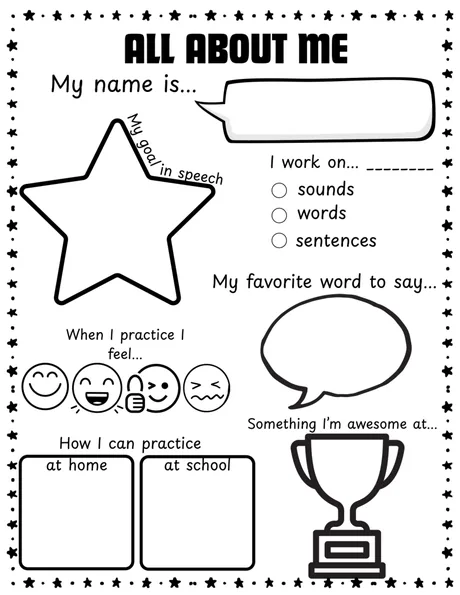 Black-and-white worksheet, all-about-me page with a star, a speech bubble and a practice-at-home box.