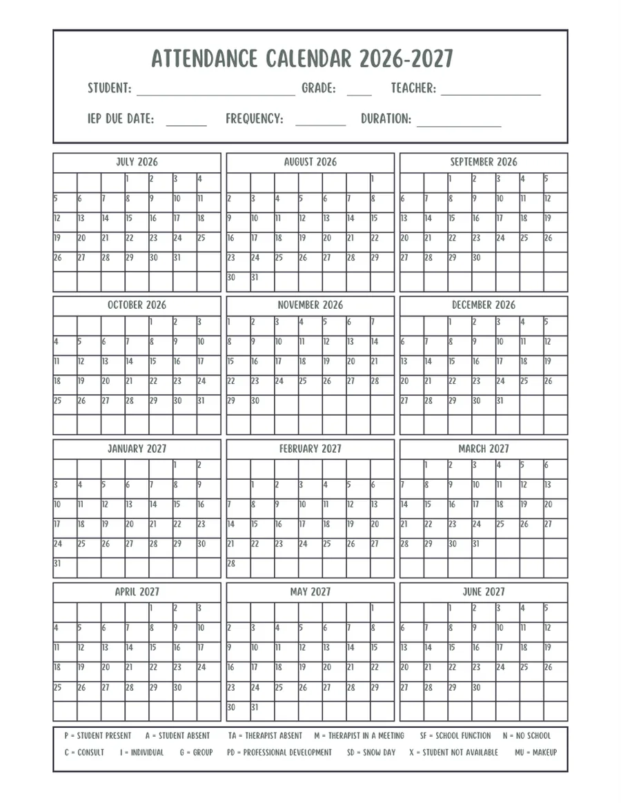Black-and-white attendance grid, a full school year of months on one sheet.
