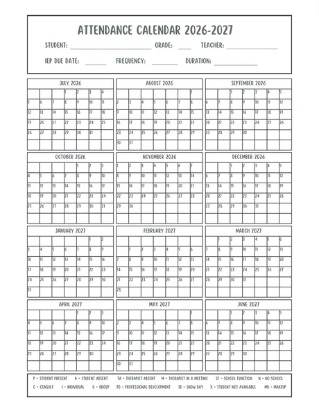 Black-and-white attendance grid, a full school year of months on one sheet.
