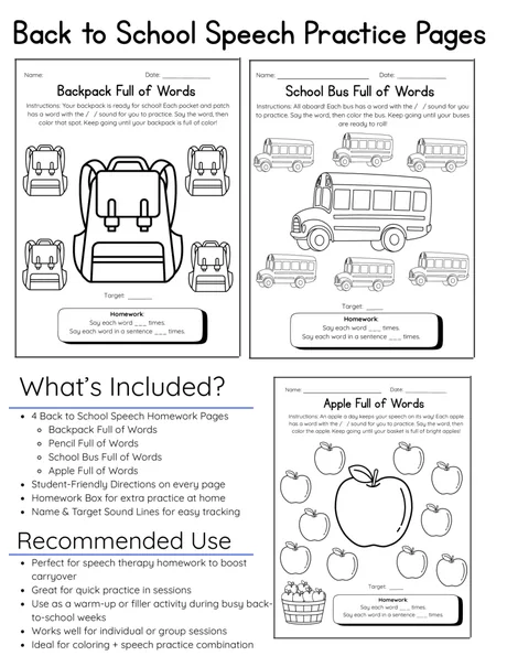 Black-and-white sample pages, backpack, school bus and apple word-colouring activities.