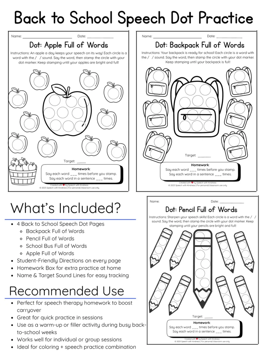 Black-and-white dot page, stamp a circle on each school bus per production.