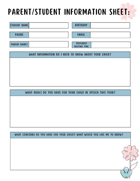 Black-and-white parent and student information form with goals and concerns fields.