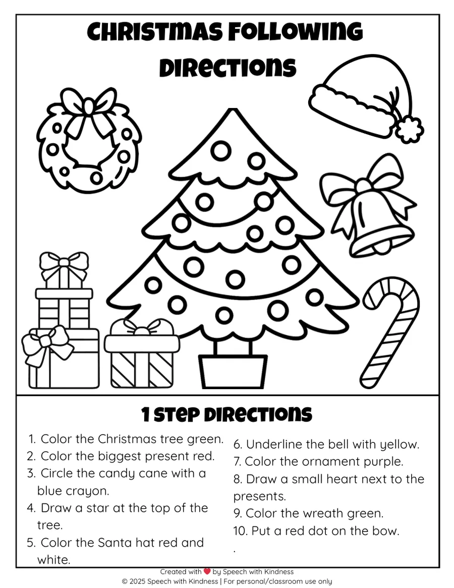 Black-and-white three-step directions page over a Christmas tree scene.