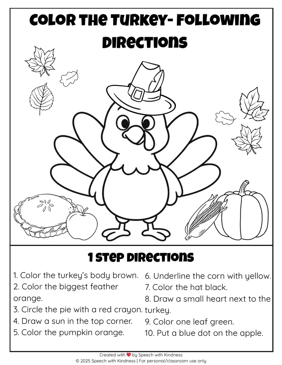 Black-and-white three-step directions page over a turkey scene.