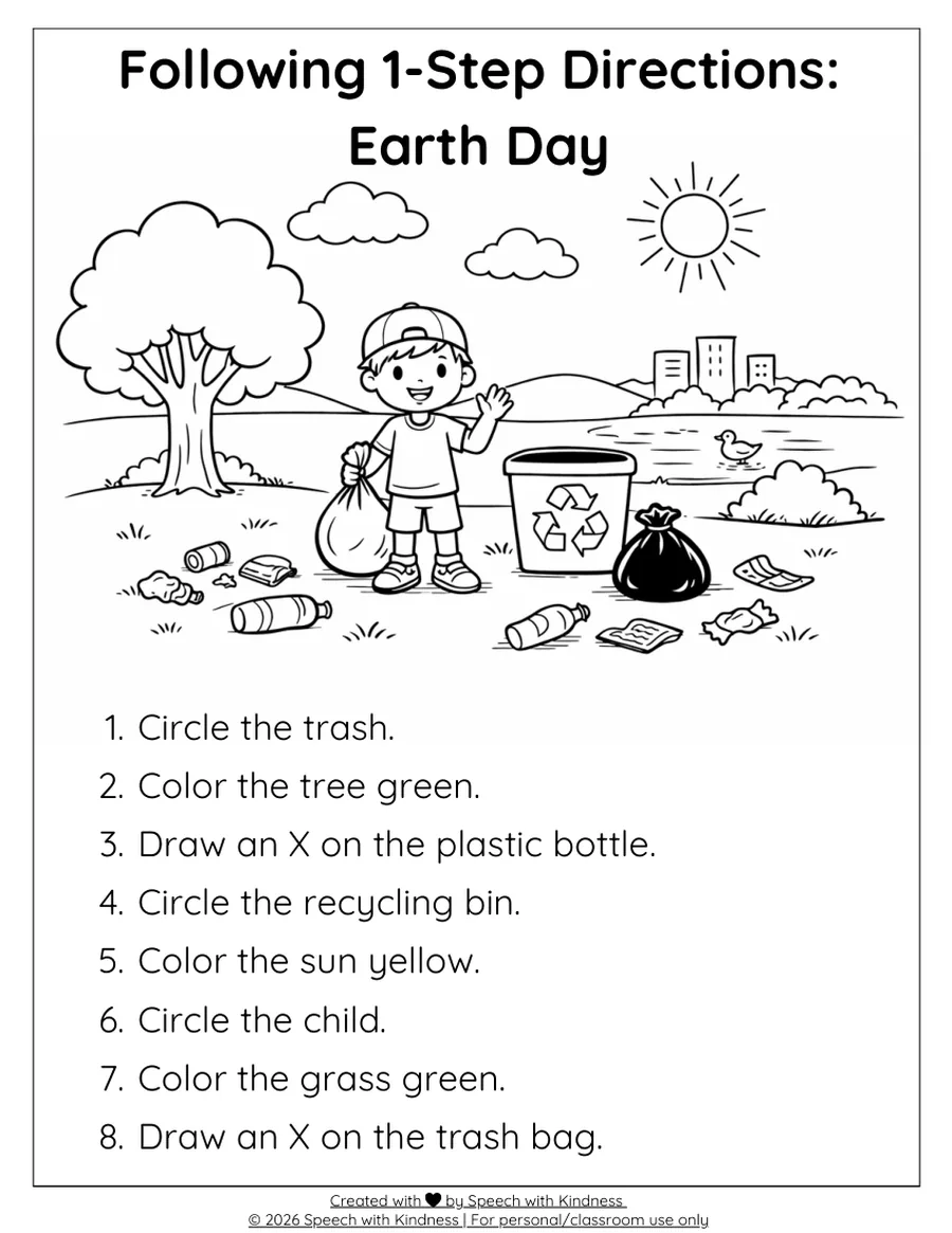 Black-and-white three-step directions page over a litter-pickup scene.