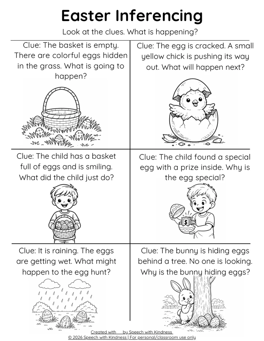 Black-and-white inferencing page, six picture clues with what-happens-next questions.