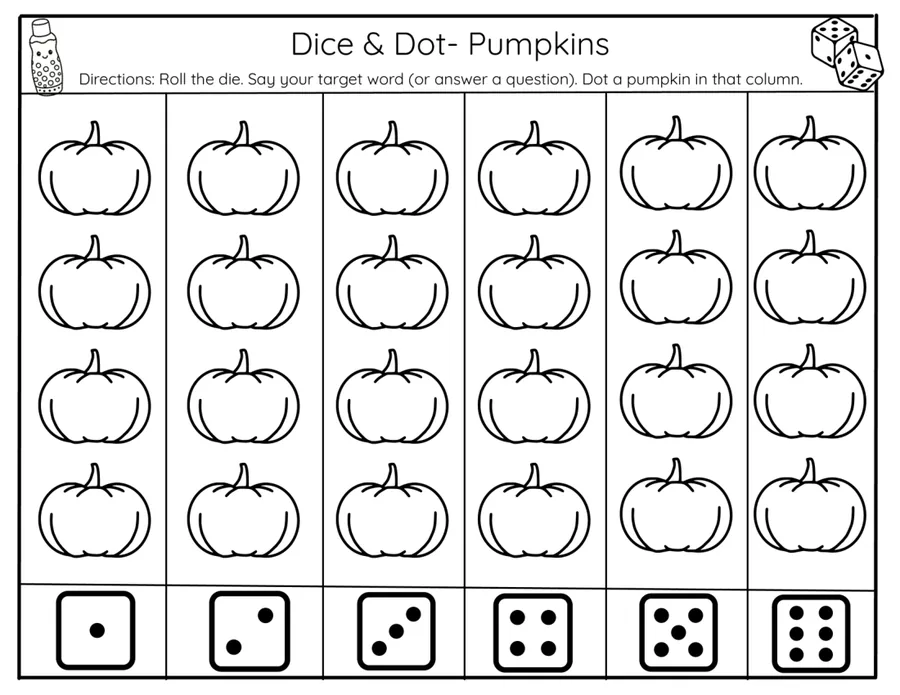 Black-and-white dice-and-dot grid, roll then dot a scarecrow in that column.