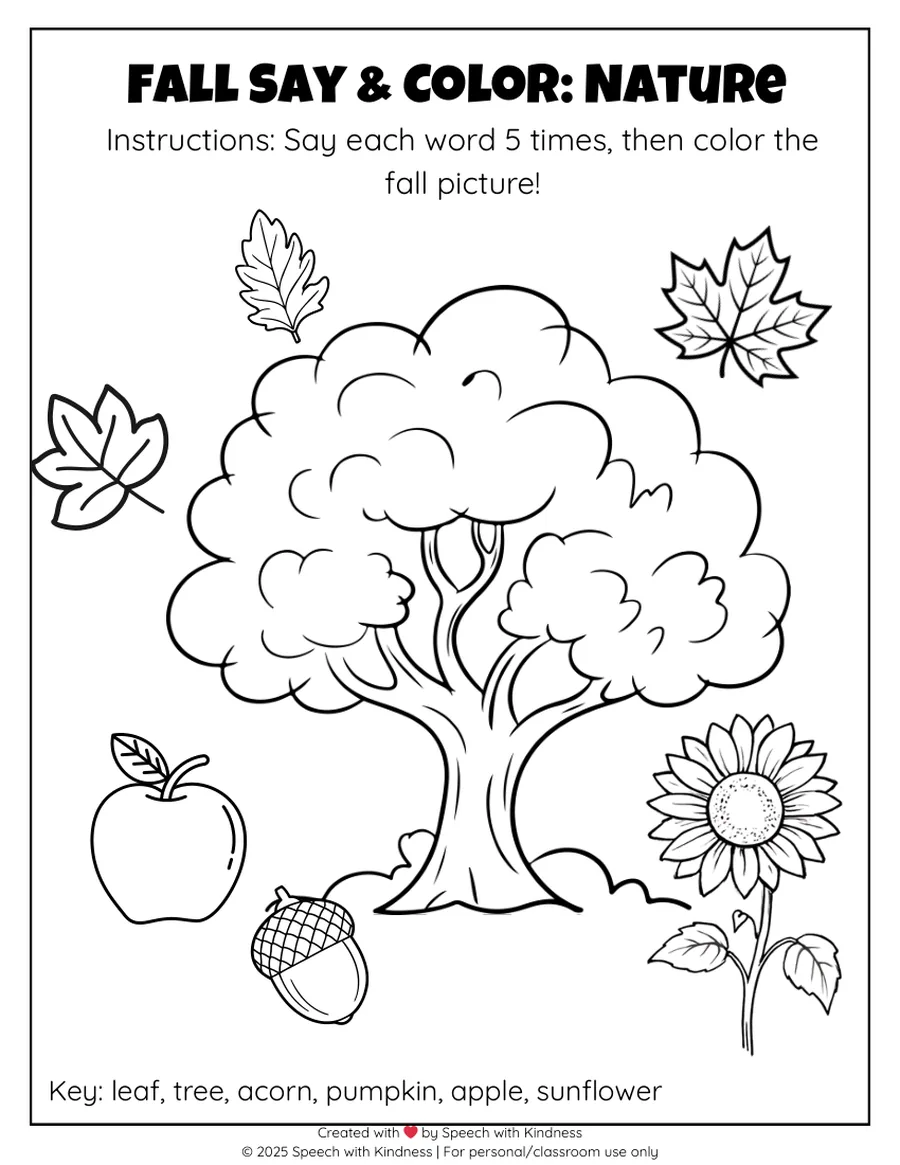Black-and-white page, say each food word five times then colour the picture.
