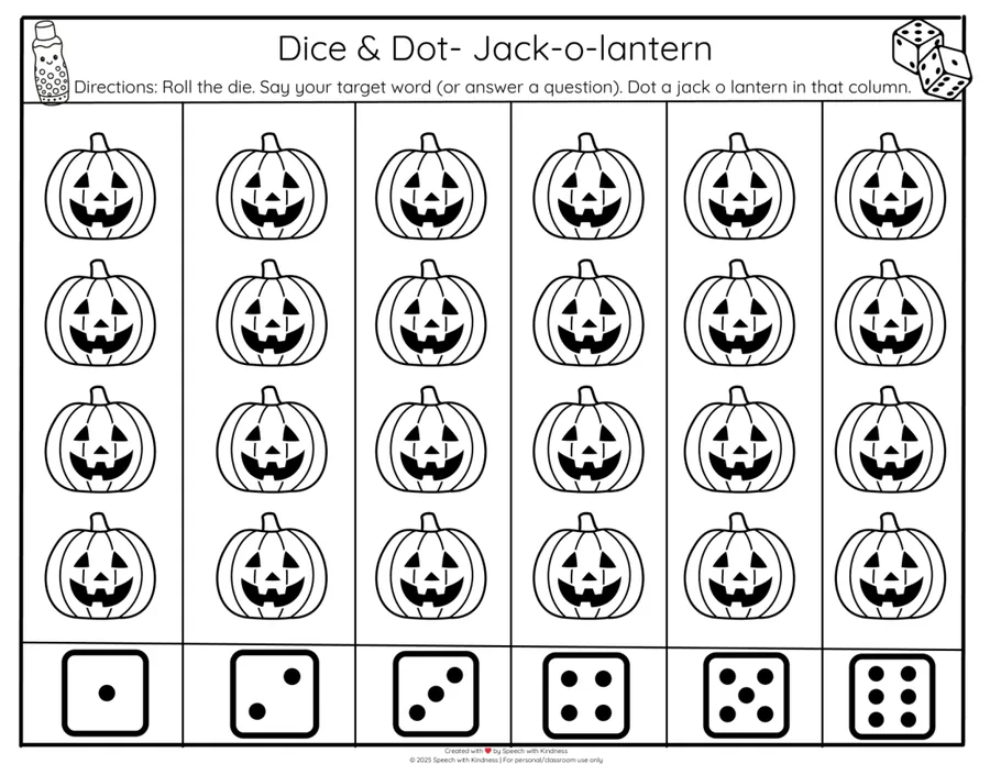Black-and-white dice-and-dot grid, roll then dot a spiderweb in that column.