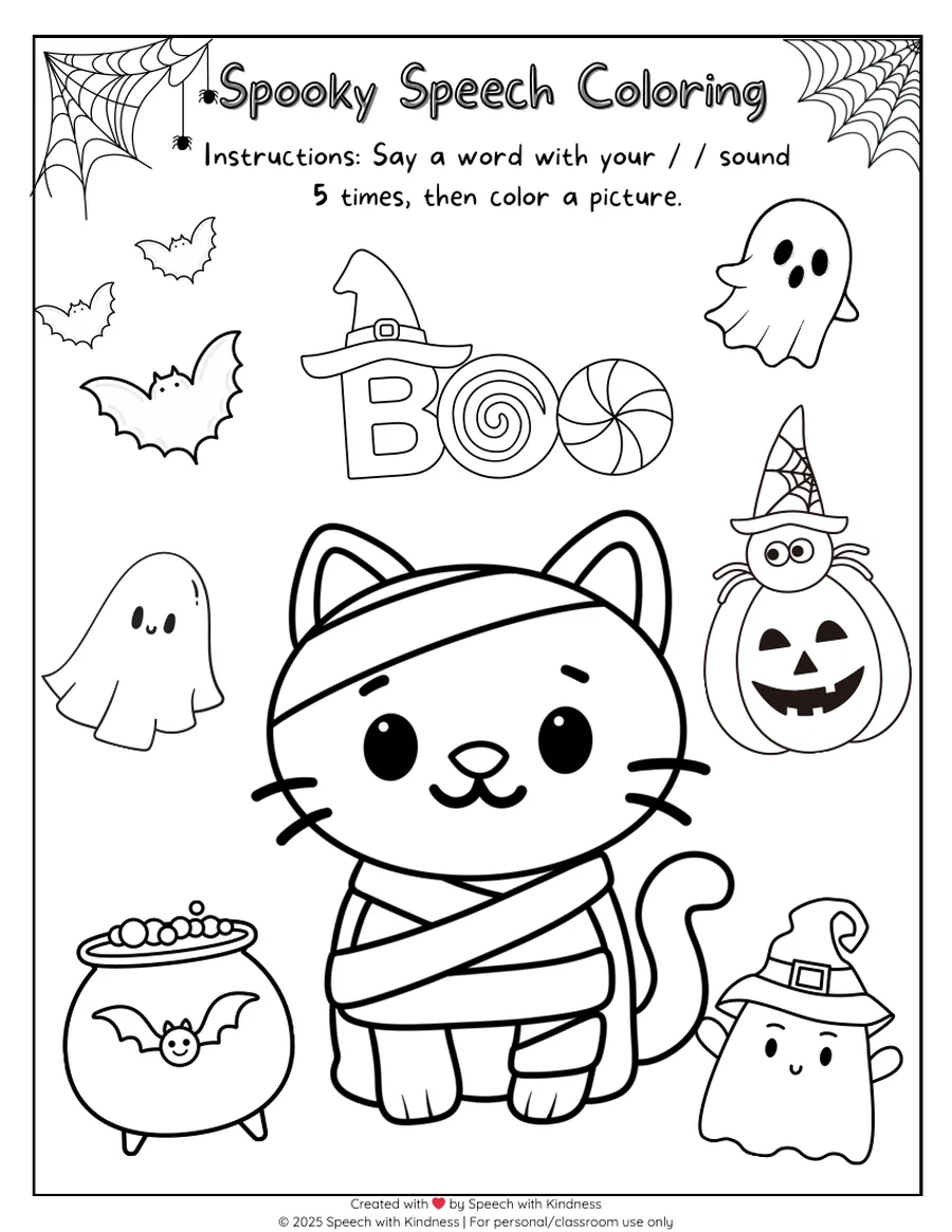Black-and-white colouring page, say a word five times then colour the scene.
