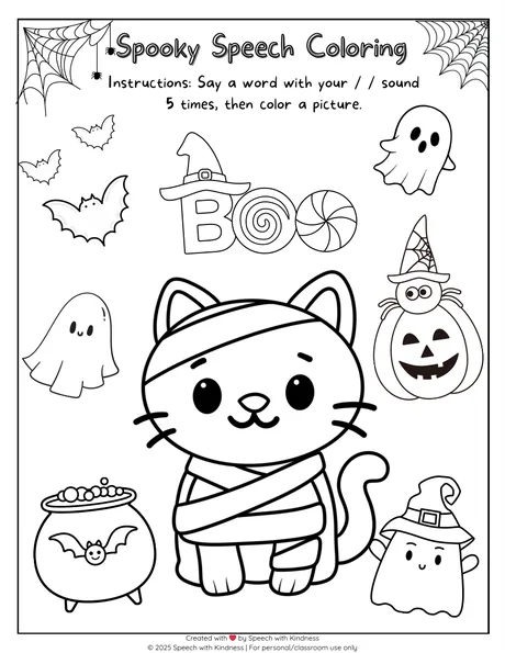 Black-and-white colouring page, say a word five times then colour the scene.