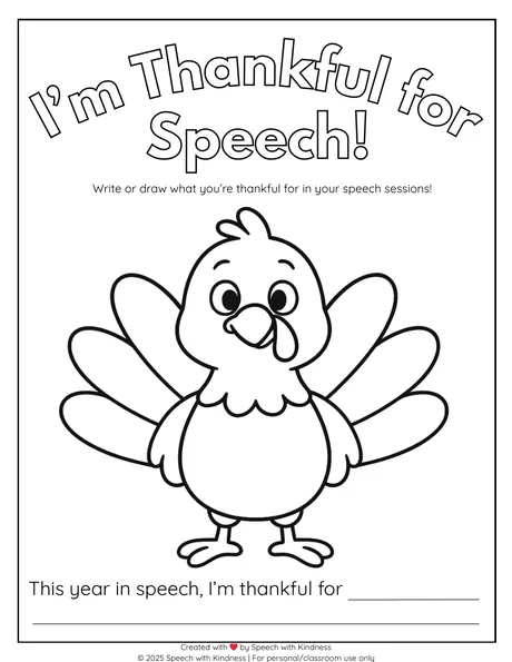 Black-and-white turkey to colour with a thankful-for writing line.