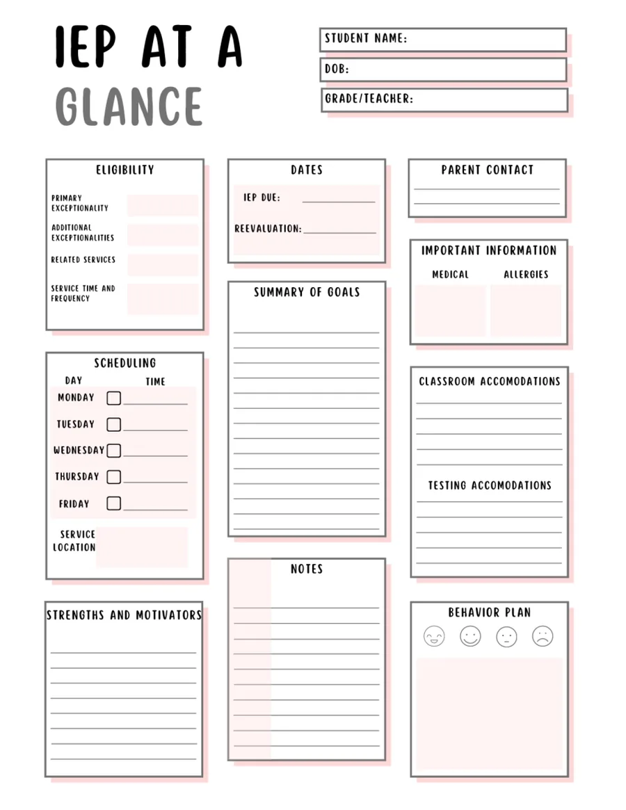 Black-and-white one-page student snapshot: eligibility, dates, goals and accommodations.