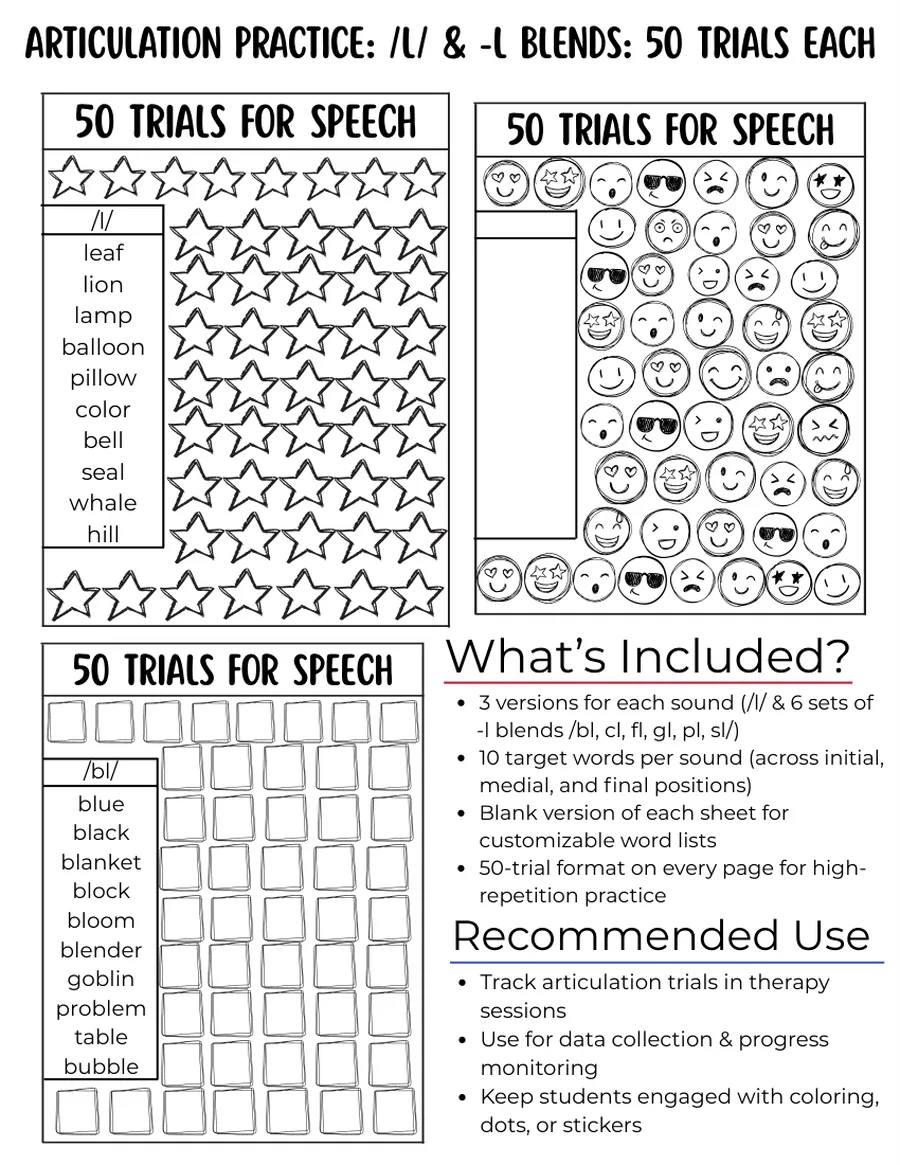 Black-and-white fifty-trial star grid for /gl/ words.