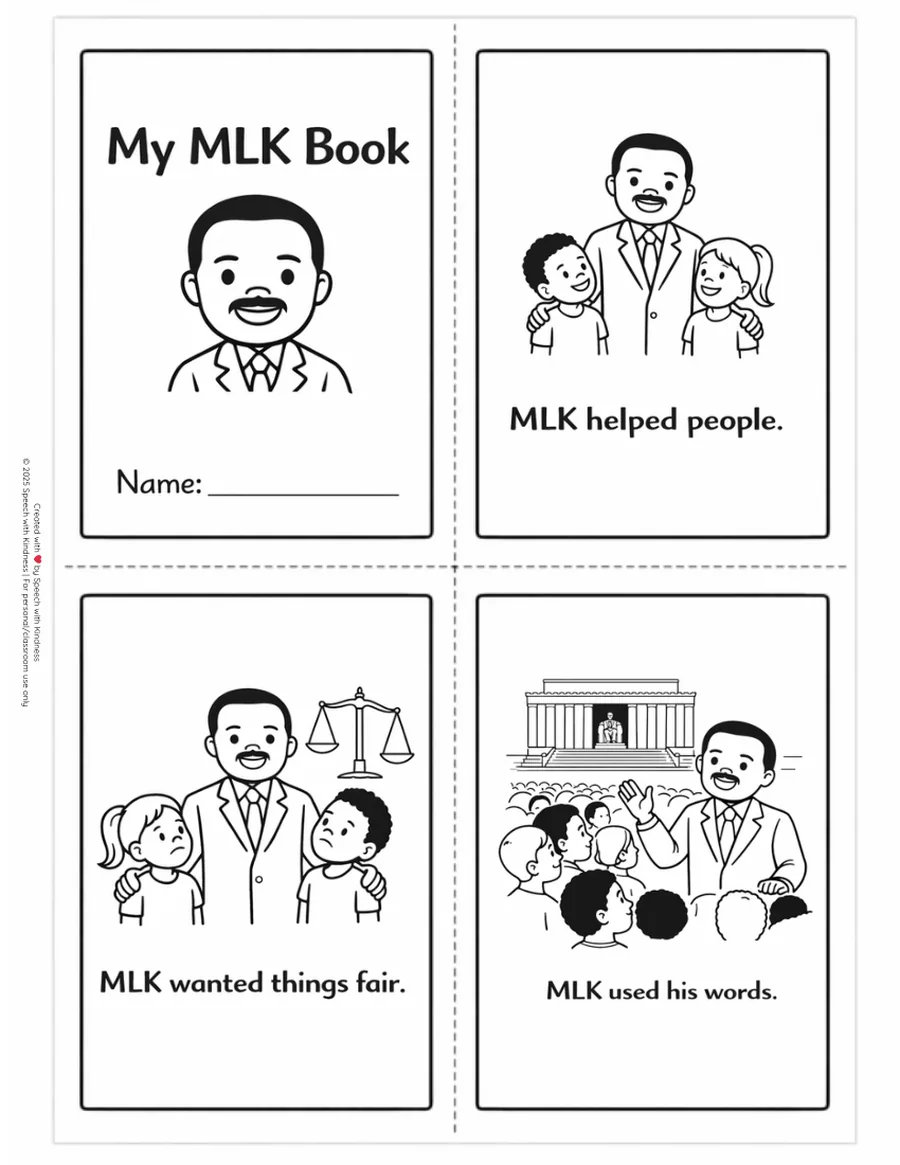 Black-and-white four-panel mini book with one short sentence per picture.