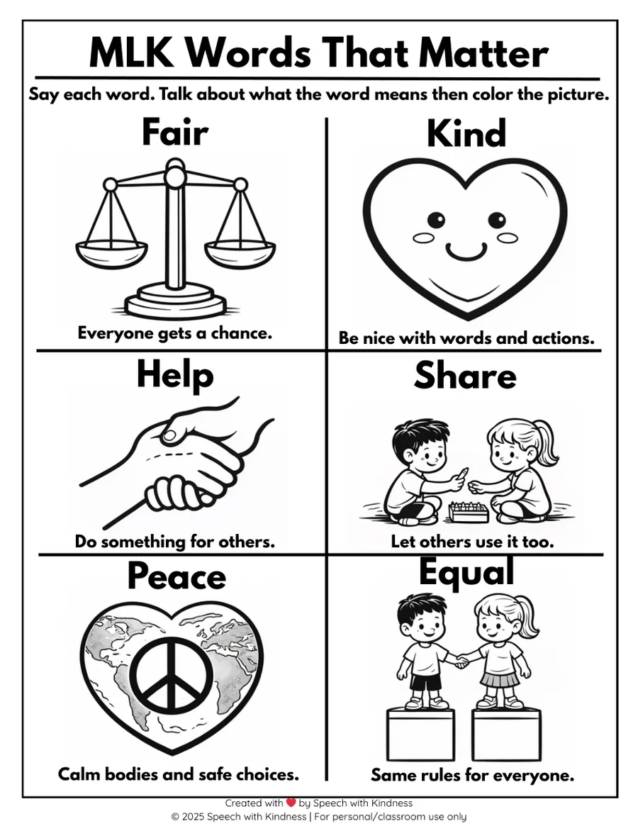 Black-and-white word grid: fair, kind, help, share, peace and equal.