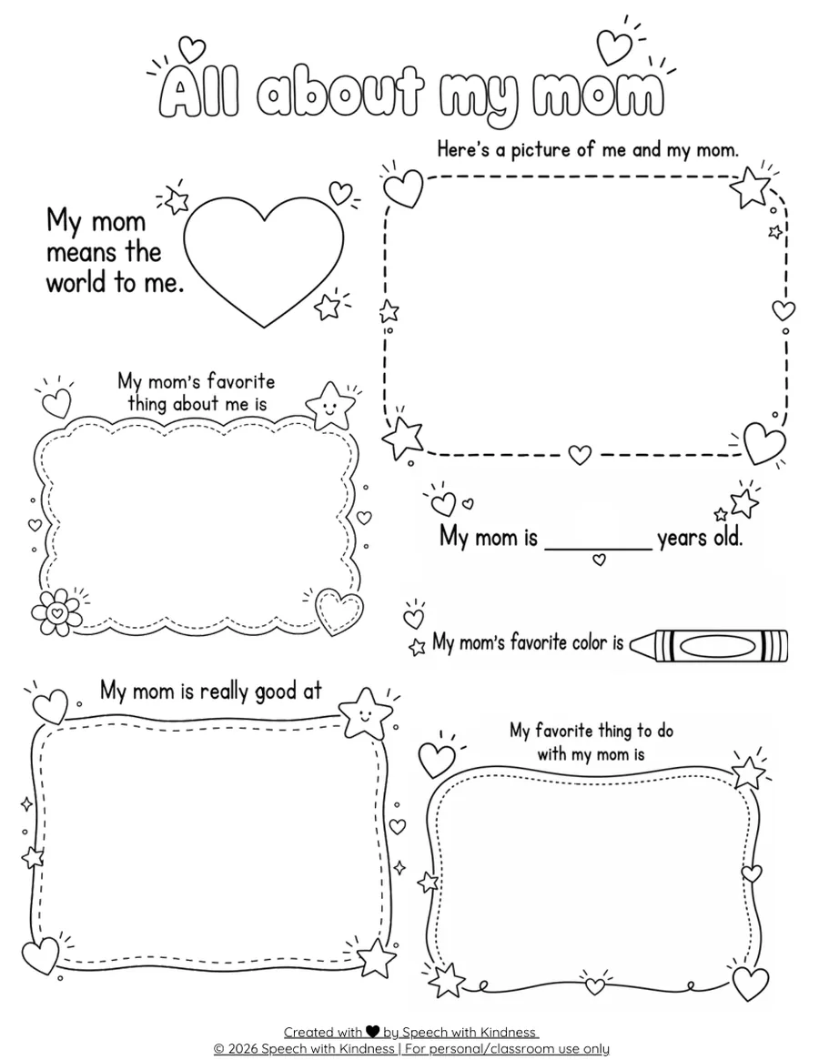 Black-and-white WH-question page about mum, one question per question word.
