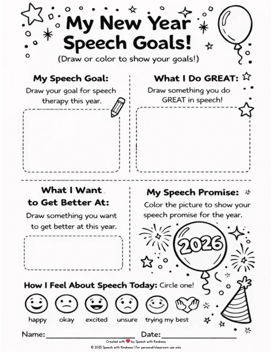 Black-and-white goal page with draw boxes and a how-I-feel scale.