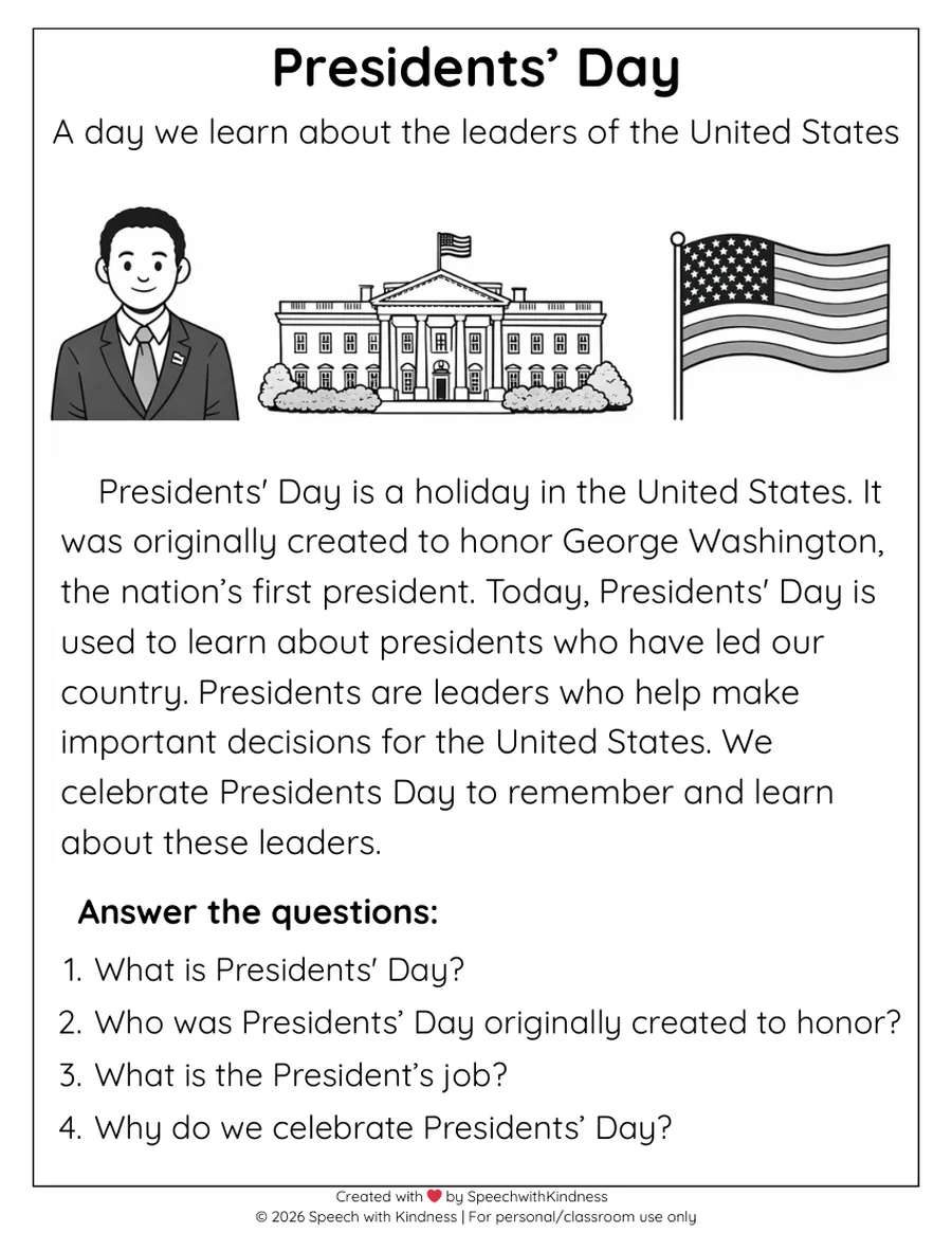 Black-and-white passage on presidents then and now with five comprehension questions.
