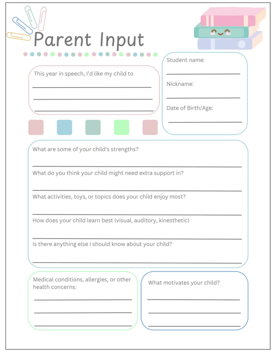 Black-and-white parent input form asking about strengths, interests and learning style.