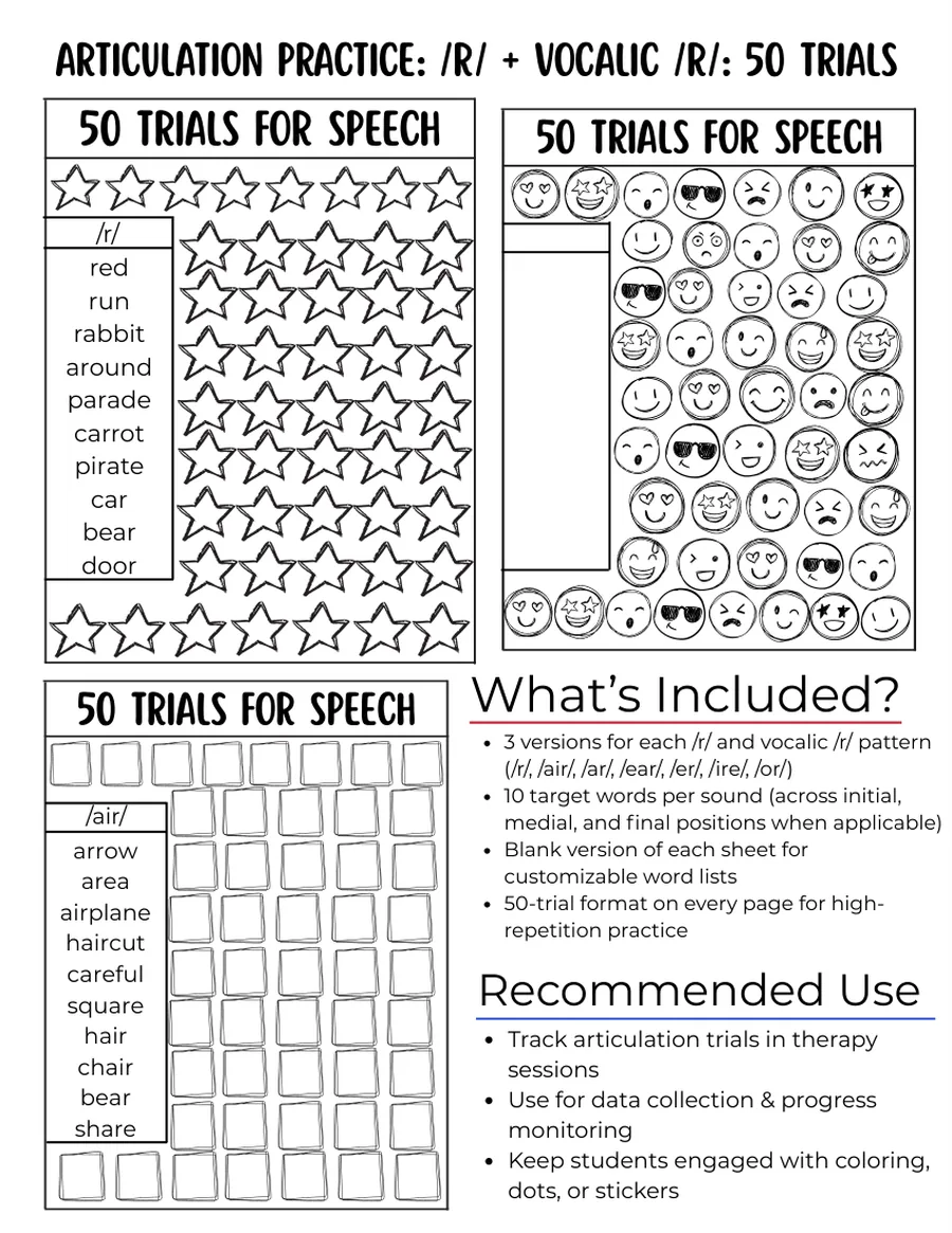 Black-and-white fifty-trial star grid for /er/ words.