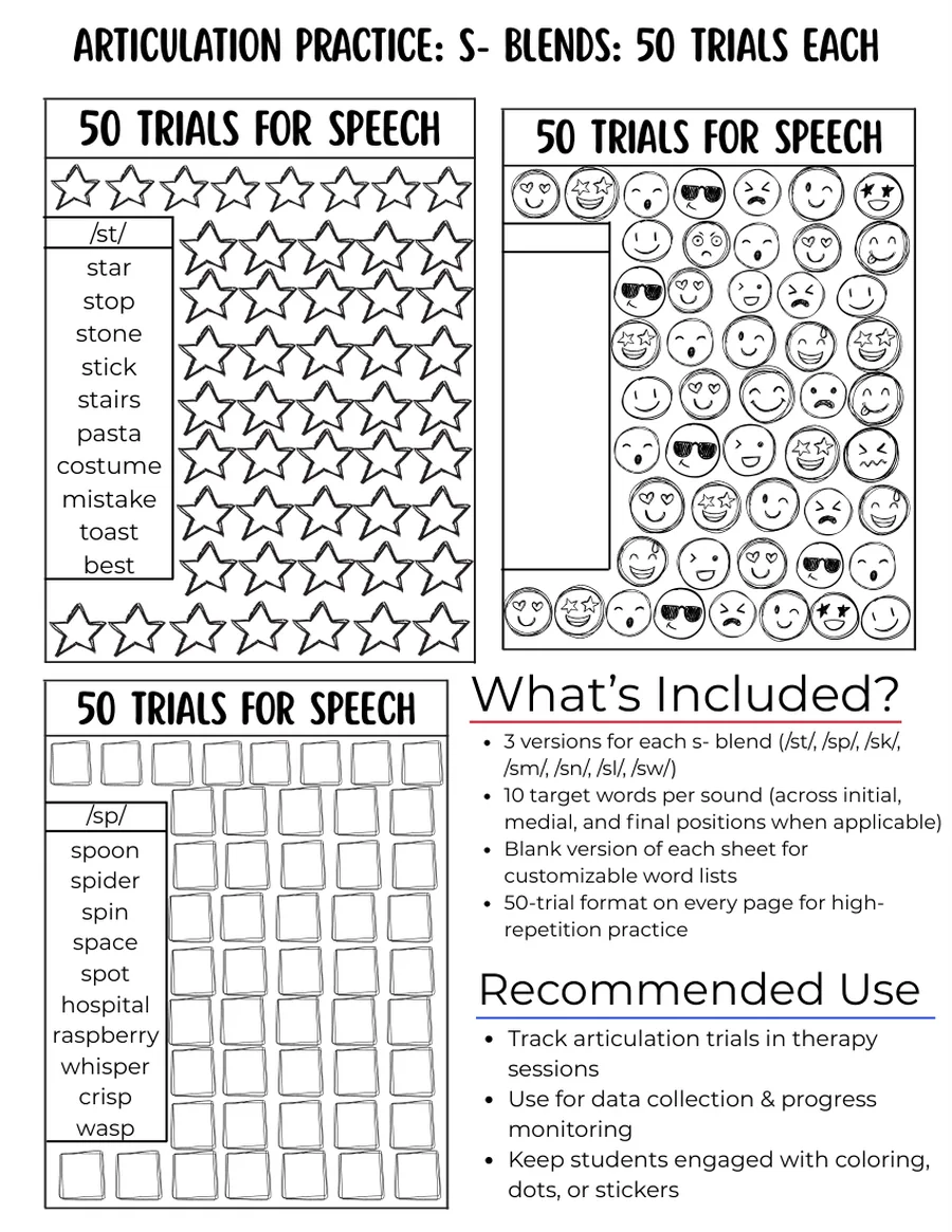 Black-and-white fifty-trial star grid for /sn/ words.