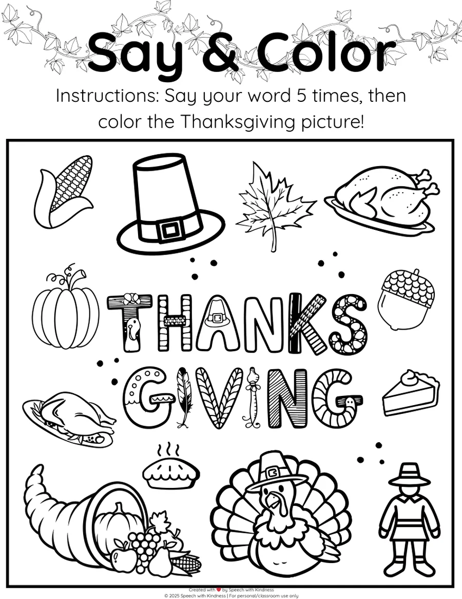 Black-and-white page, say a word five times then colour the Thanksgiving scene.