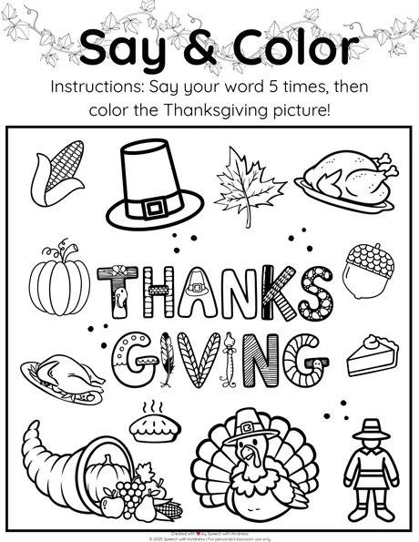 Black-and-white page, say a word five times then colour the Thanksgiving scene.