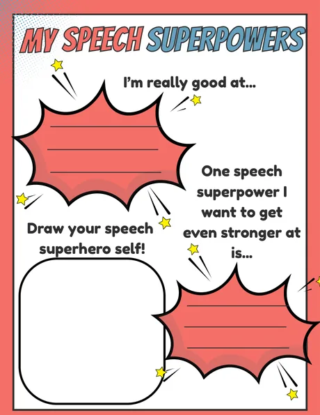 Black-and-white worksheet, comic-burst panels for strengths and a goal.