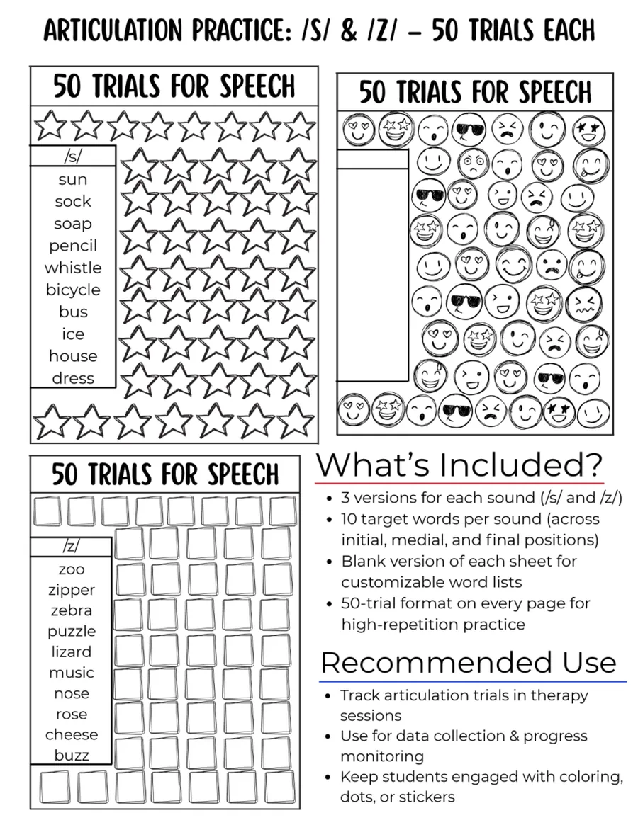 Black-and-white fifty-trial tracking grid for /z/ words.