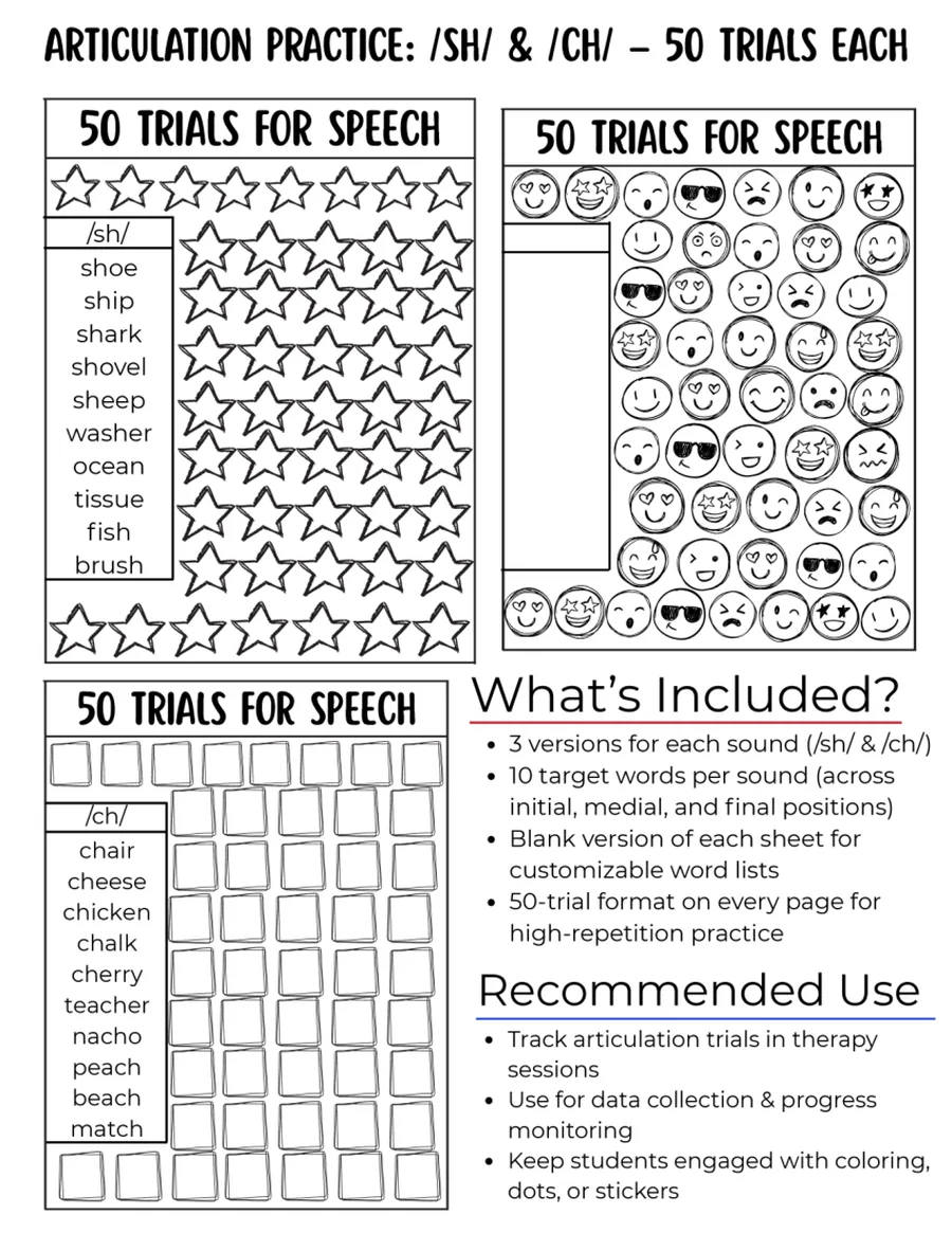 Black-and-white fifty-trial tracking grid for /ch/ words.