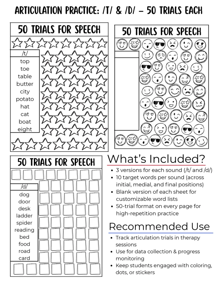 Black-and-white fifty-trial tracking grid for /d/ words.