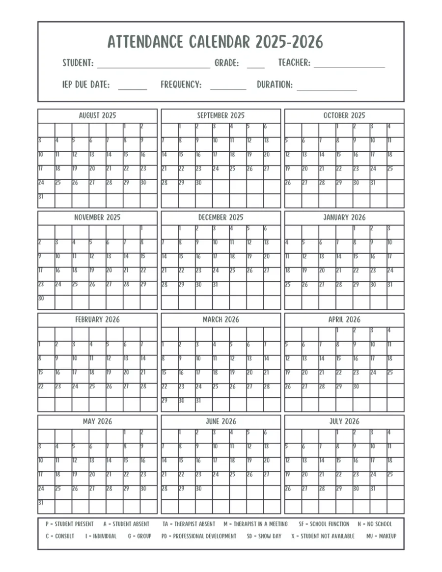 Black-and-white 2025 to 2026 attendance grid with a colour-coded key.