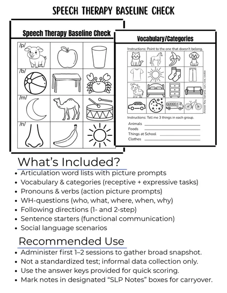 Black-and-white informal screener, articulation picture prompts with a vocabulary sorting task.