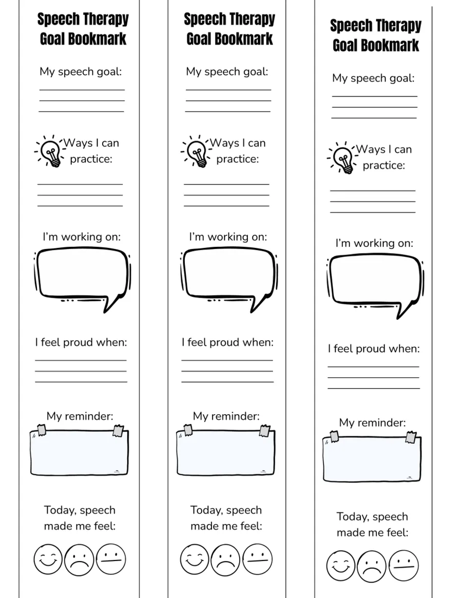 Black-and-white goal bookmarks with practice reminders and a feelings scale.