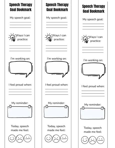 Black-and-white goal bookmarks with practice reminders and a feelings scale.