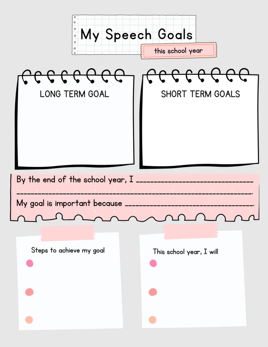 Black-and-white notebook-style goal page with lined writing areas.
