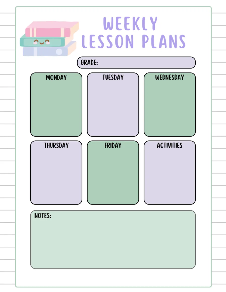 Black-and-white weekly lesson plan grid, Monday to Friday with a notes panel.