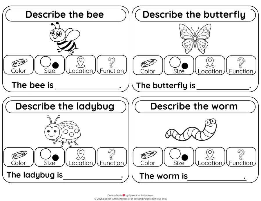 Black-and-white describing page prompting colour, size, location and function.