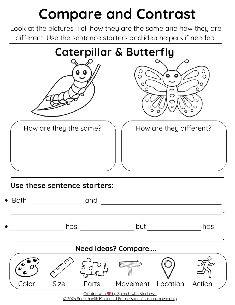 Black-and-white compare page for seeds and flowers with sentence starters.