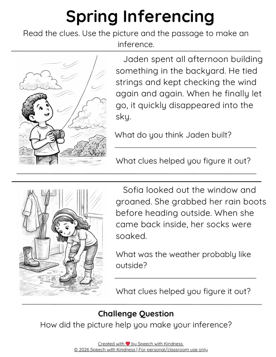 Black-and-white inferencing page, two short passages with clue questions.