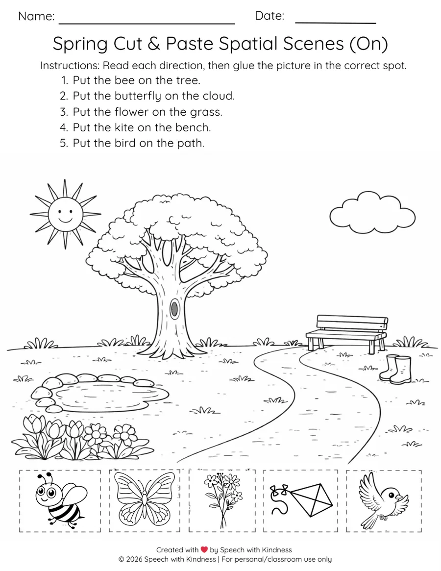 Black-and-white cut-and-paste scene, place five pictures around a tree.