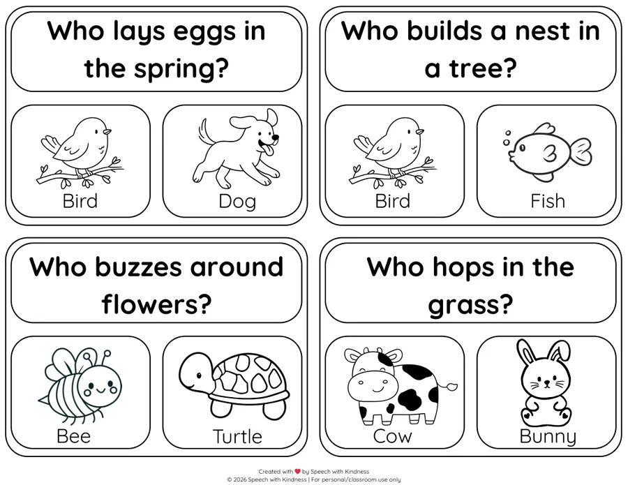Black-and-white when-question cards with two picture choices each.