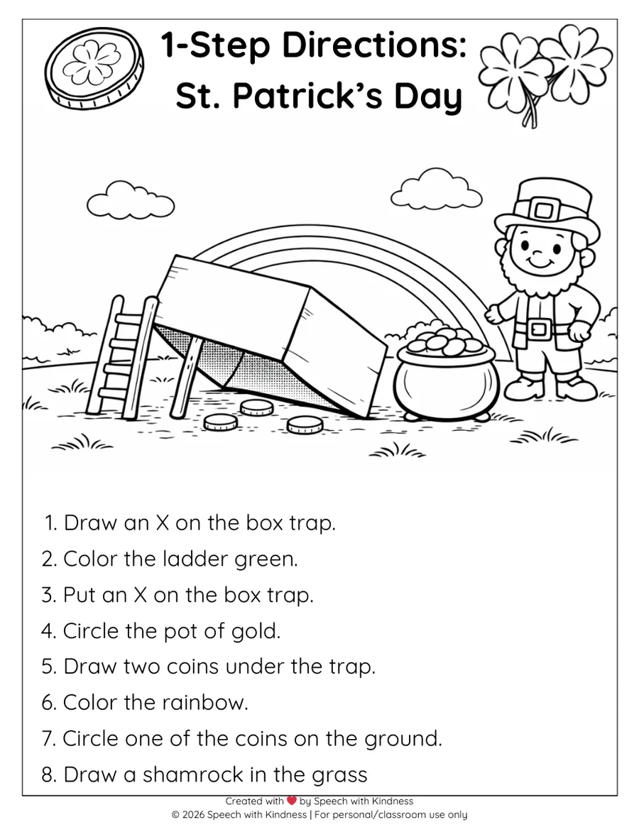 Black-and-white three-step directions page over a leprechaun trap scene.