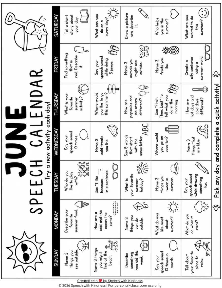 Black-and-white monthly calendar with a short speech activity in each day.