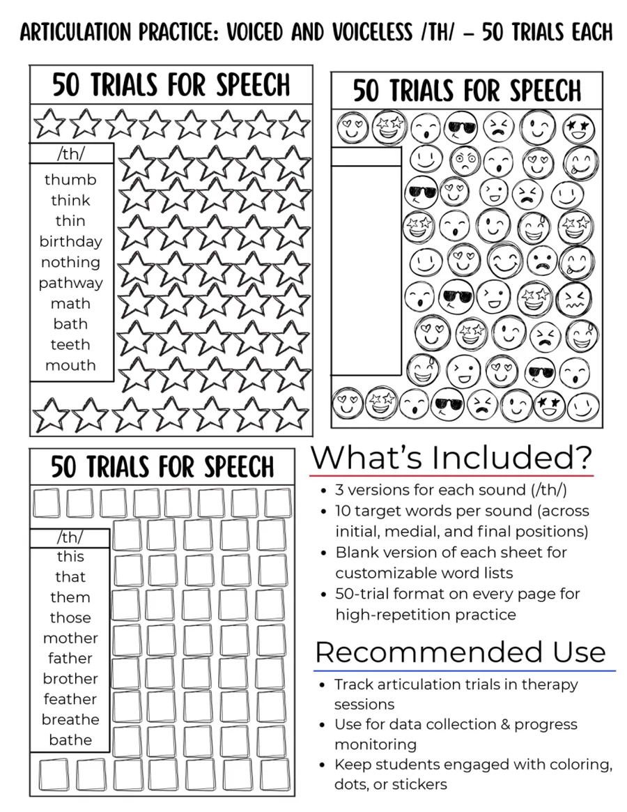 Black-and-white fifty-trial tracking grid for /th/ words.