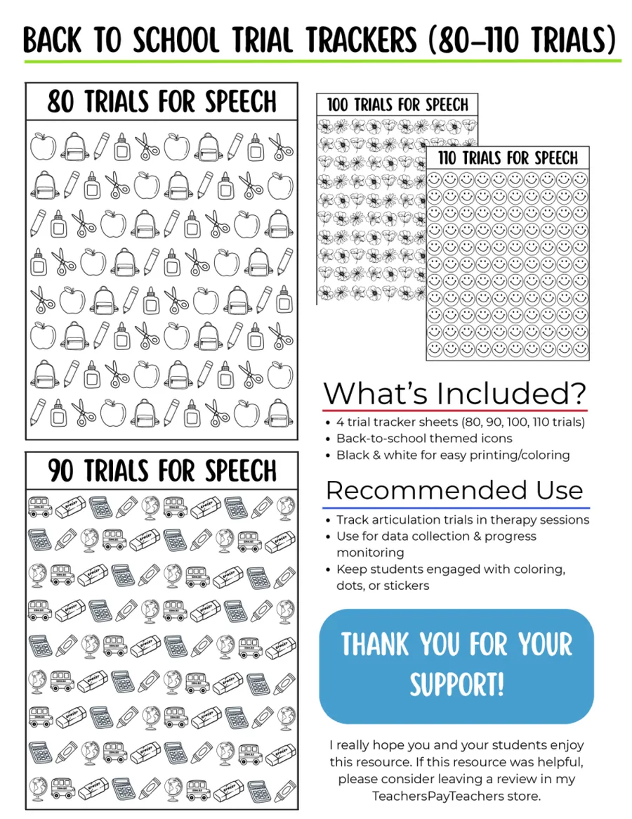 Black-and-white ninety-trial tracking grid with school-supply icons.