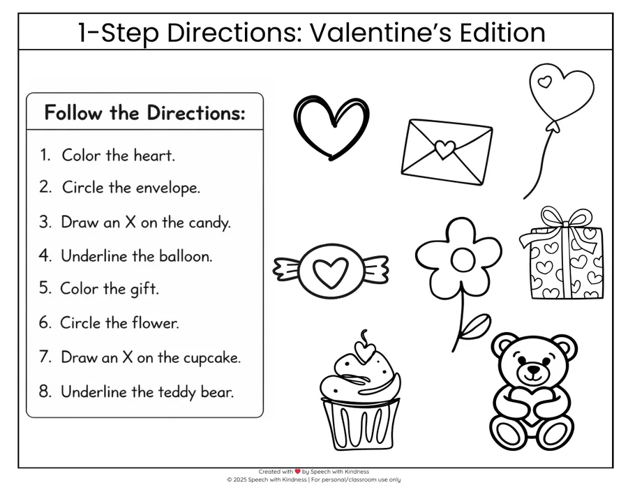 Black-and-white three-step directions page over Valentine pictures.