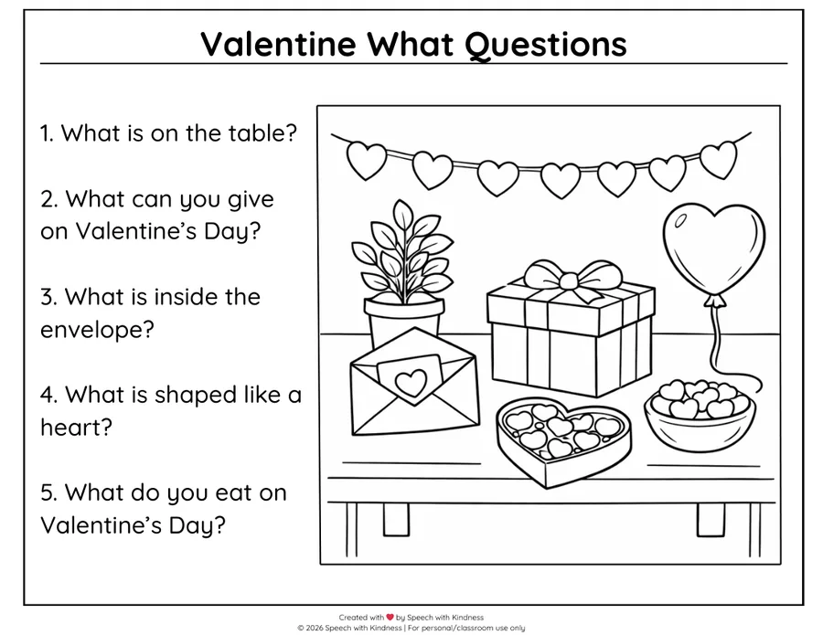 Black-and-white who-question page over a Valentine gift scene.